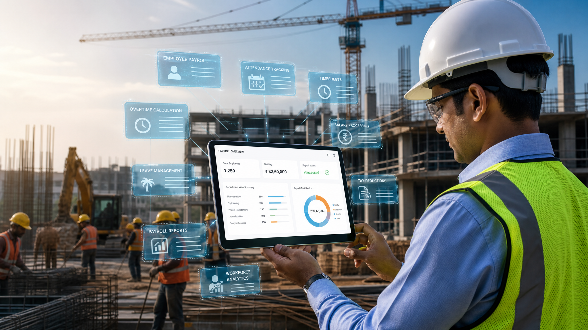 Payroll software for construction companies managing employee attendance, timesheets, overtime, salary processing, and workforce payroll.